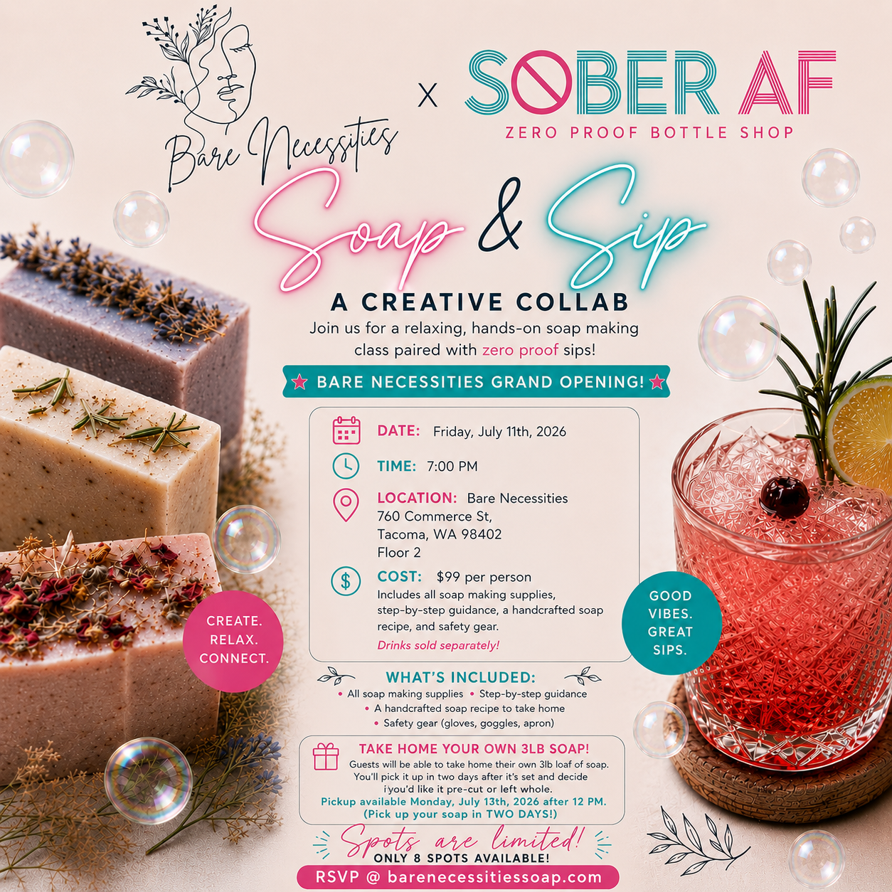 🫧 Bare Necessities x Sober AF: Soap &amp; Sip Experience